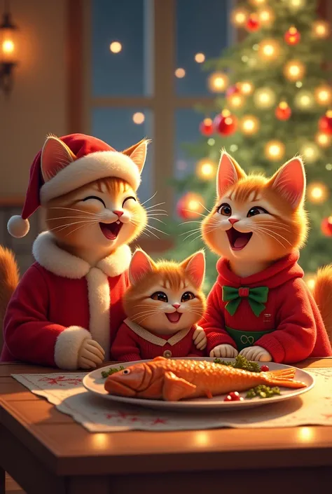 Create a joyful New Year’s Eve scene featuring a family of anthropomorphic cats with cat-like heads and human-like bodies. The father cat wears a Santa suit, the mother cat is in a festive dress with a holiday apron, and their kitten is in a cute holiday s...