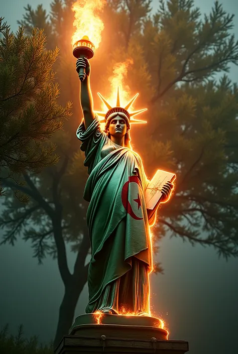 The Statue of Liberty a torch of fire and light Algerian flag in his hands the olive tree of light
Algerian flag in green white color Crescent Moon Star 5 red branches