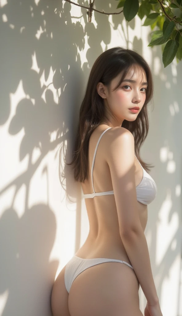 young thai woman wearing topless bikini standing gracefully against a white wall, her posture relaxed as dappled sunlight filters through the leaves above, casting soft shadows and patterns across her face and body. She gazes thoughtfully, with a serene ex...