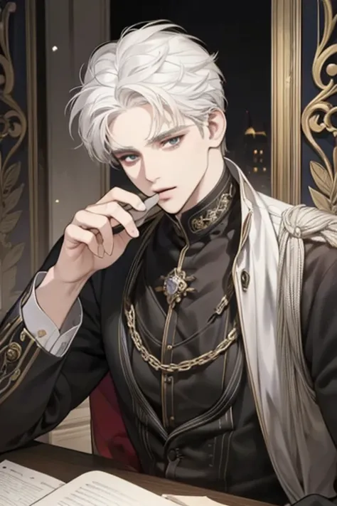 1 man, Calm, adult, 35 year old guy, short messy hair with bangs, white hair, royalty, Principle, wears black clothes, in a castle, adult face, Two hands, sitting at a table with a book, adult face, medieval times, close up,  Calm