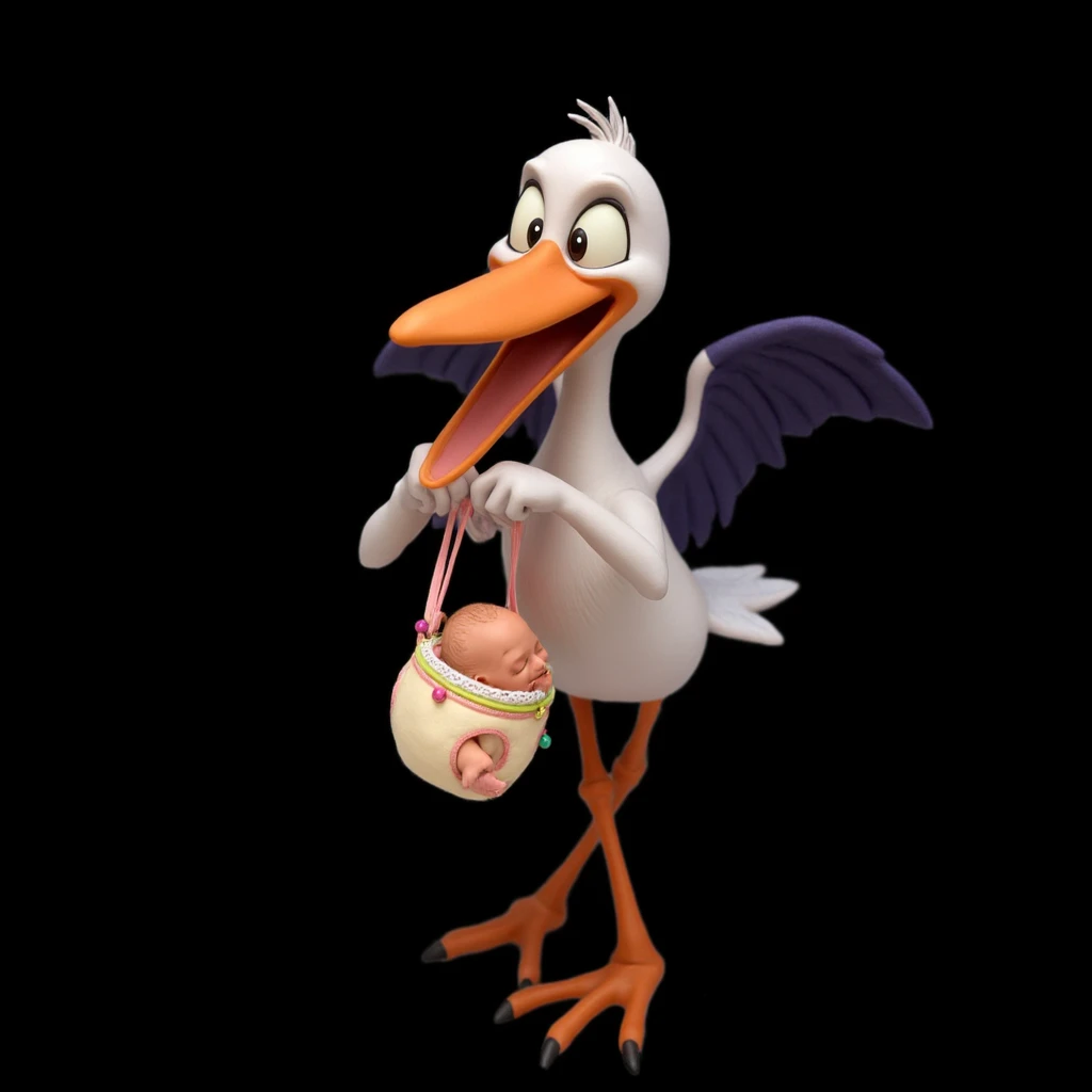 Inspired by the drawings and arts and 3D characters of Disney Pixar, create the image of a stork with a baby in its beak. It carries it through a diaper that is tied to its beak. It carries it through an improvised diaper as if it were a swing. It holds th...