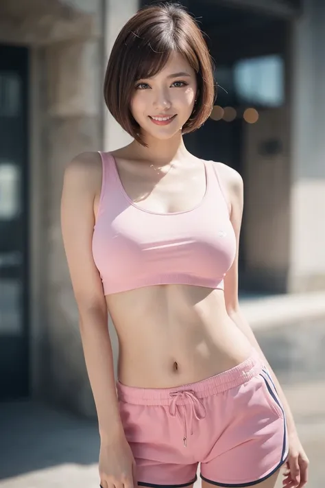 masterpiece,  best quality, Realistic,  super detailed,   fine details,  high definition , 8k wallpaper, 1 person,  Beautiful Woman, ((Alone:1.2)), ((Short Hair, Brown Hair,  bob cut hair)), ((Big Tits 1.5)),  ((smile)), ((Pink、sweat)), (( shorts)),  beaut...