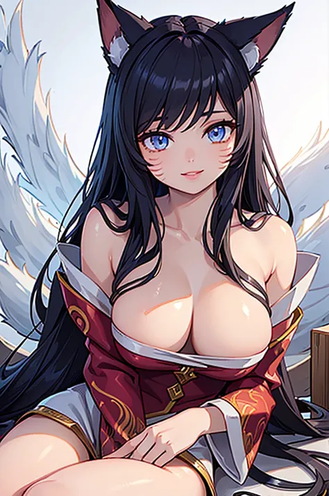 (best quality,ultra-detailed,realistic:1.37),Ahri,spa,luxurious,relaxing atmosphere,beautiful detailed eyes,beautiful detailed lips,smiling,bathrobe,sitting upright,black hair,nine white tails,peaceful background,portraits,vivid colors,soft lighting,tranqu...