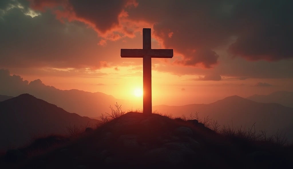 Create a scene of the cross at dusk, with the sky breaking into darkness. 16:9 aspect ratio, cinematic suspense.