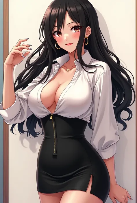  sexy beautiful mature mom, Japanese women,  big boobs, Hoop Earrings,  Black long hair , black eye, necklace, Red lipstick,  loose shirt ,  pencil skirt , Garter belt, black tucking , 2D,  anime , Illustration