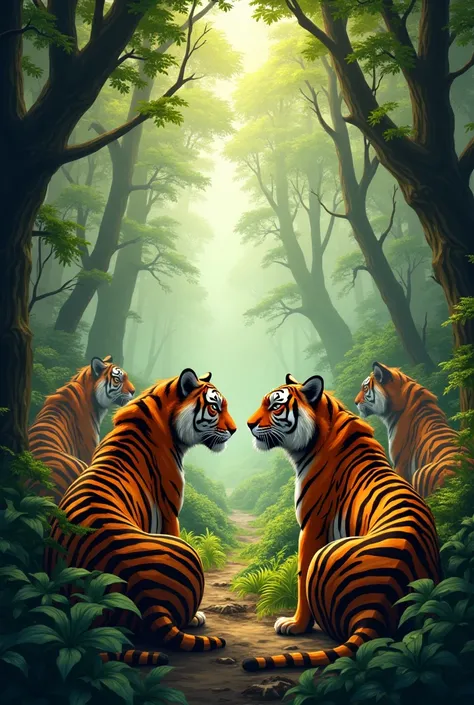 There are many tigers sitting inside a forest and one where many tigers are sitting and talking