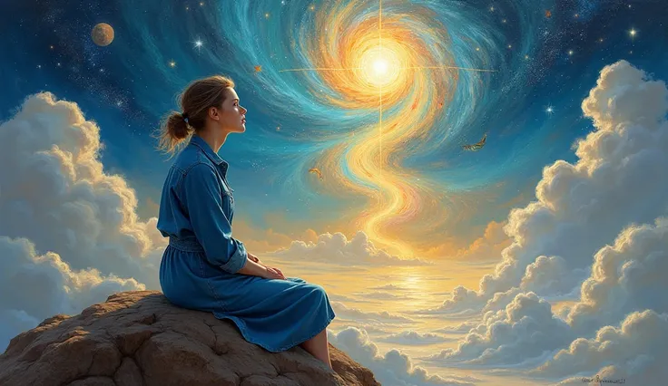 The image is a painting of a woman sitting on a rock in the middle of a vast landscape. The woman is wearing a blue denim shirt a skirt. She is looking up at the sky with a thoughtful expression on his face. evoke a sense of wonder and mystery. Incorporate...