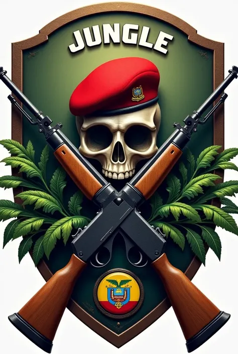 Create an image of a red beret with two rifles crossed with the word jungle and at the bottom the word instructor all enclosed in a circle with an airborne badge and the flag of Ecuador 