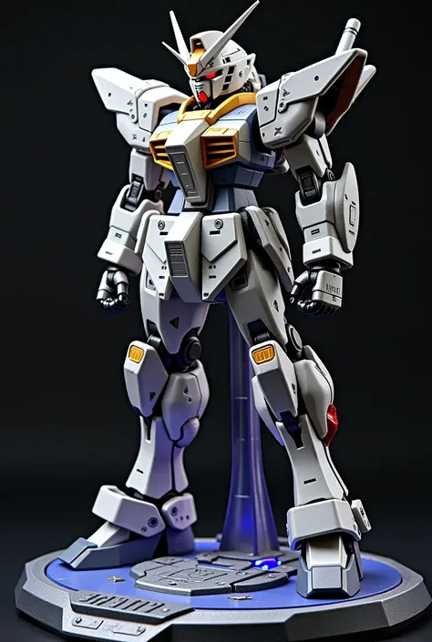 A highly detailed and realistic Gundam toy model displayed on a premium base. The Gundam blends the features of a giraffe and a hyena, featuring a long, mechanical giraffe-like neck with intricate joints and spotted armor inspired by a hyena’s coat. The to...