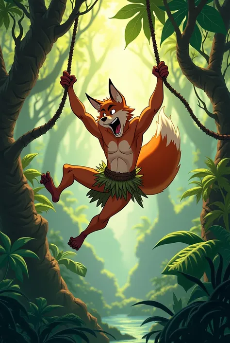 With 2d animation ,  a male fox boy  , Antropomórfico , Osea on two legs  , In loincloths in the jungle , Above a tree ,  screaming like Tarzan .