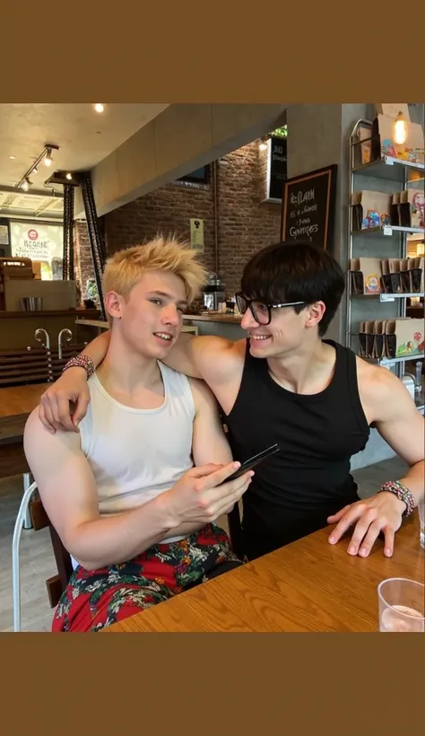  two friendly boys who are at a restaurant, one of them is dark brown and the other is blond ,  high resolution, Rice,  short hair,  blond hair ,  black hair,  plain background, 