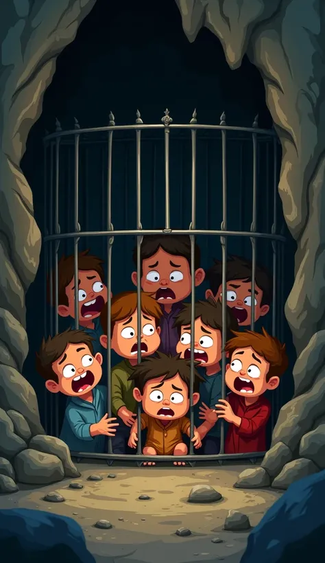 one years old five boy and five girls in cage in danger cave 3d animated cartoon