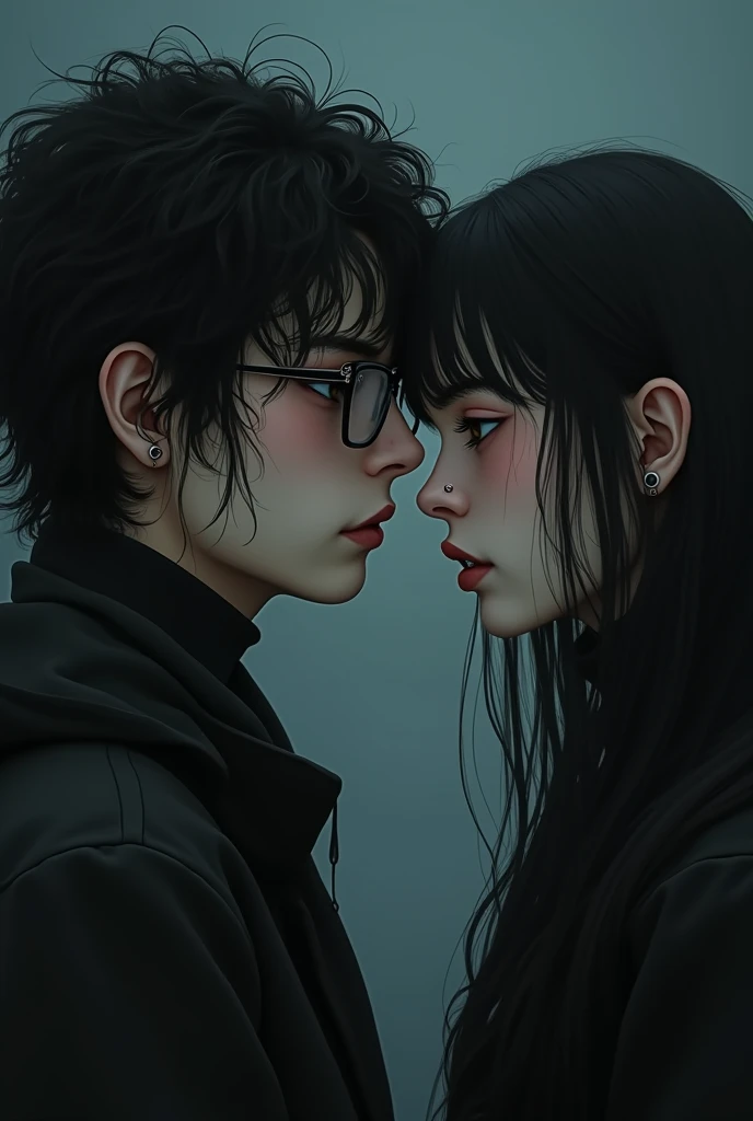 create an image of a gothic girl with long hair and black and short, She has bangs above her eyebrow and her eyes are big and dark brown, she is with her boyfriend who has curly mullet hair, he&#39;s a little fat and wears square glasses, looking each othe...