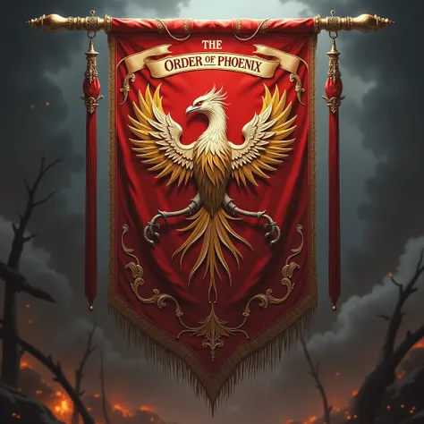  Create a war standard with the Phrase "The order of Phoenix"  and a Phoenix coat of arms . With RPG elements .