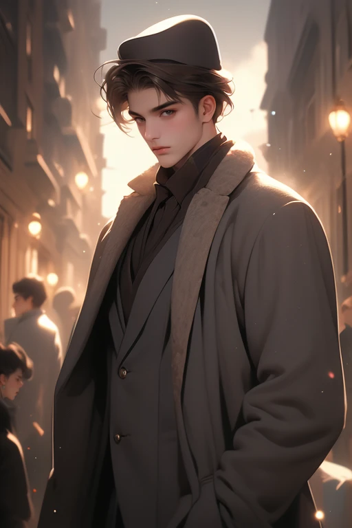 masterpiece, best quality, realistic, 1man, mature male, quiet and charming young man, 25 years old, close his eyes, serious look, extremely detailed face, ((dark grey eyes)), ((short-right-swept dark brown hair)), [thick eyebrows], detective, ((Dressed in...