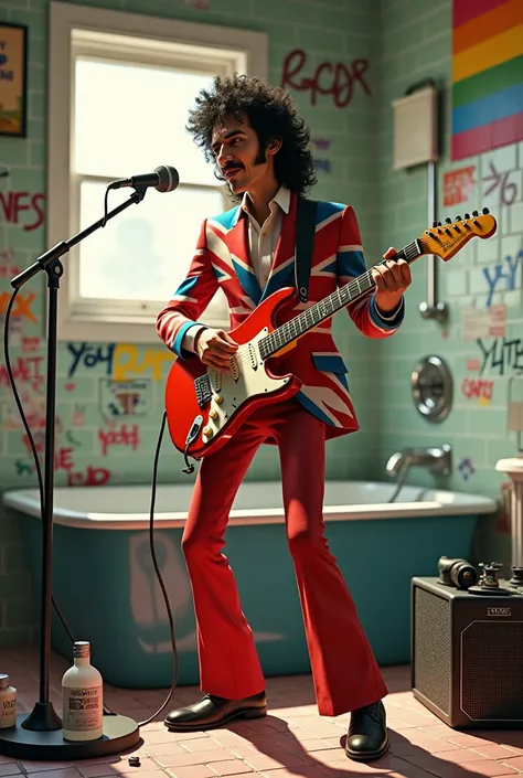 Mick Jagger, in Disney Pixar style, in the bathroom, with a suit of the flag of England , playing guitar, with a speaker on the floor , bottles of vodkas , with graffiti on the walls and the gay flag