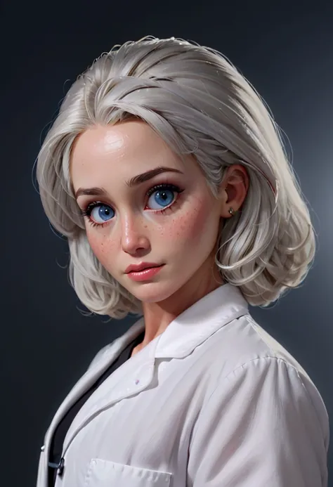 Masterpiece, (cinematic lighting:1.1), front view, (3/4 body view), labcoat_blackshirtunderneath_, low-key lighting, dark laboratory (looking at viewer front on_blushingsmile_shy:1.3), eye focus, photo of (pale skin 60 year old woman with shortgray hair_al...