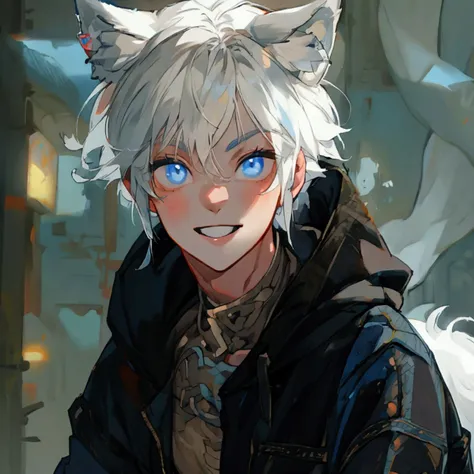 Single boy, Anime boy, Short, Long flowing white hair, wolf ears, wolf tail, blue eyes, wearing a cropped oversized black hoodie, wearing short denim shorts, thigh high fishnets, flat chest, super flat chest, solo femboy, only one femboy solo, alone, (SOLO...