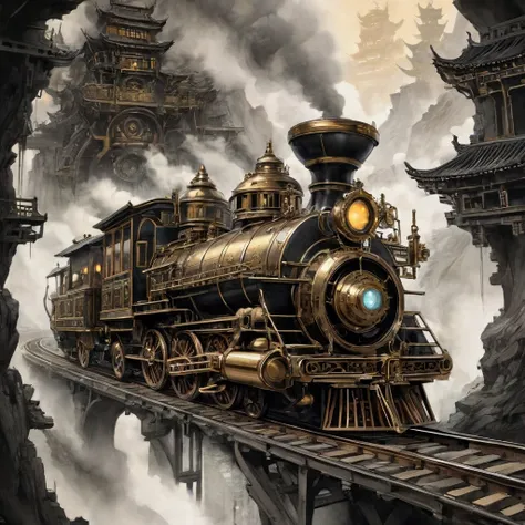 Traditional Chinese mountain ink painting style，a steampunk train traveling through a fractured timeline, intricate gears, steam vents, brass accents, glowing portal, time-distorted landscapes,