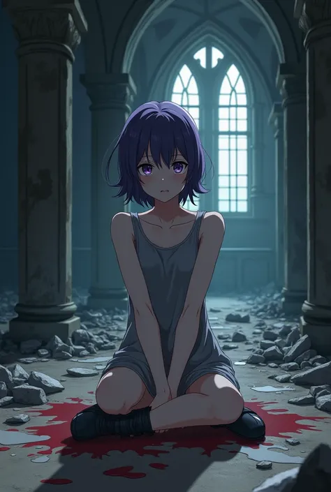 anime style, mature female character around 50 years old, with short dark purple hair, purple eyes, fair skin, wearing a gray dress and black shoes, height 1.85 meters, sitting injured on the ground with visible blood stains, inside a destroyed and abandon...