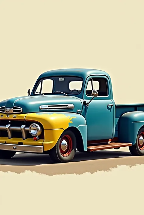 Create an image of a ford ,  classic old model in blue and yellow,  pickup the vehicle must be viewed sideways the image must be horizontal