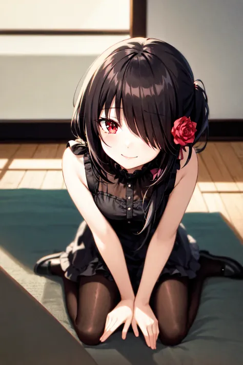 1 Girl,  unique , Kneel down,  constellation, 
cckurumi,  long hair, Low double ponytail, Hair Flower,  cover the hair of one eye, Hairpin, Gothic,  black dress, ribbon, pantyhose, 
slippers, 
Sitting,  Smile,  watching the audience, 
Lean forward, 
Indoor...