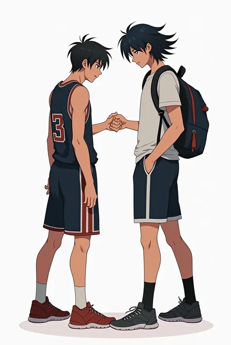 A student teen basketball player with muscle bullied a student teen tall man with black hair at school. The tall is same. Manhwa style. Clean white background. Highschool