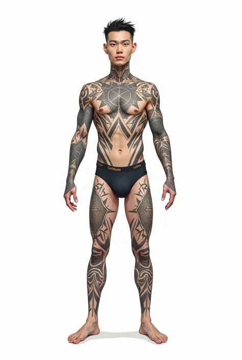 a person standing straight, facing directly forward, holding an a-pose, arms extended out, not moving/staying still, wearing nothing but boxer briefs, showing off a wide range of sacred geometry tattoos covering his whole body, sharp angle tattoos, no curv...