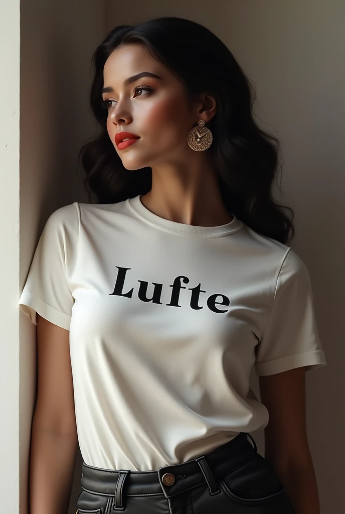 Create a picture of the LUFTE logo on the tshirt of a model with an elegant and characterful design