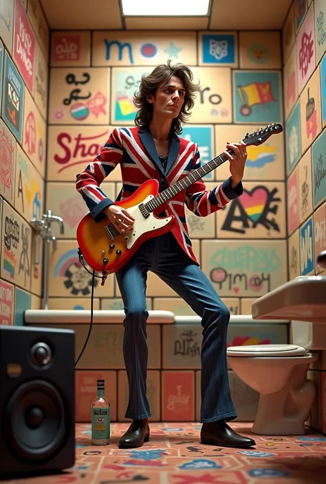 Mick Jagger, in Disney Pixar style, in the bathroom, with a suit of the flag of England , playing guitar, with a speaker on the floor , bottles of vodkas , with graffiti on the walls and the gay flag