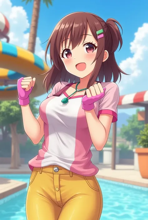  better quality ,  masterpiece , highres, detalleed,  digital illustration , HikariDigi02 ,  brown hair , 1 girl,  yellow pants ,  Pink and white top , Pink gloves, Hair clip,  whistling around the neck, entusiasmado, outdoors,  water park,  small breasts,