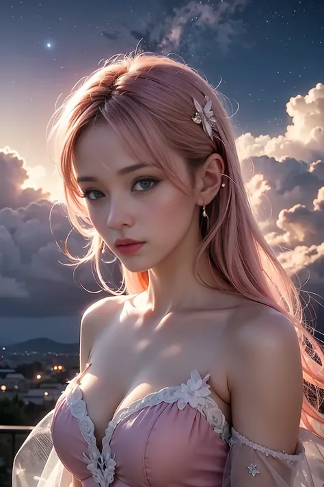 A little fairy１Its peaking、Big Crescent Moon、 night, starry sky, sparkling, white clouds fairyland, dreamy romantic, dreamy atmosphere and drama, very magical and dreamy, dreamy scene, heaven pink, on the clouds, the sky is pink, heaven, white clouds fairy...