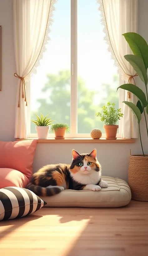 「 Japanese modern living room window side 。 。 white based space 、 orange、black、 where a calico cat is lying in the sun 。 soft natural light shines through the window 、 lace curtains swaying in the wind 。

 room accent based on white background ：
- サーモンピンクの...