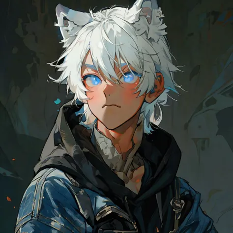 Single boy, Anime boy, Short, Long flowing white hair, wolf ears, wolf tail, blue eyes, wearing a cropped oversized black hoodie, wearing short denim shorts, thigh high fishnets, flat chest, super flat chest, solo femboy, only one femboy solo, alone, (SOLO...