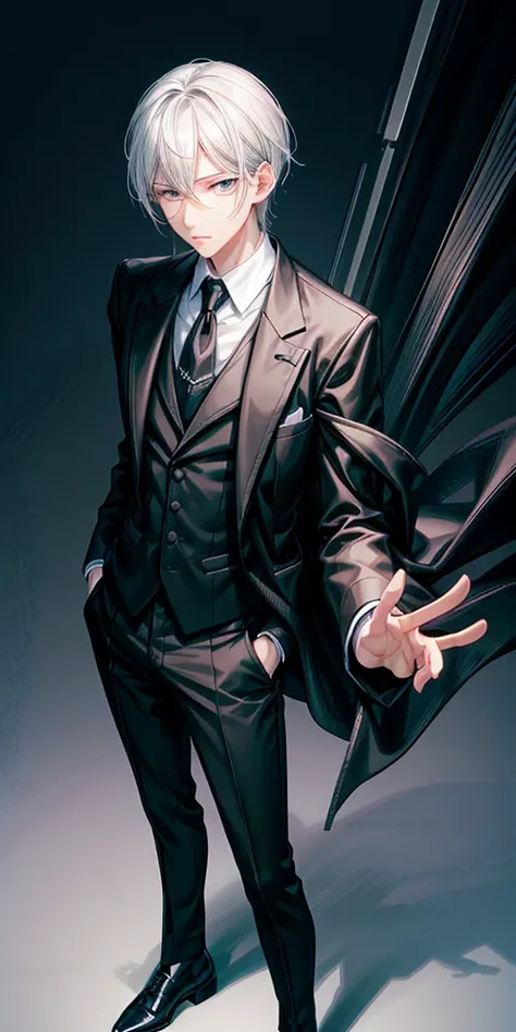 anime character with black hair, black eyes dressed in black suit and tie with white hair, !!full body portrait!!, slender man, man in black suit, wearing a black suit, single character full body, dark suit, wearing black suit, in a black suit, fullbody po...