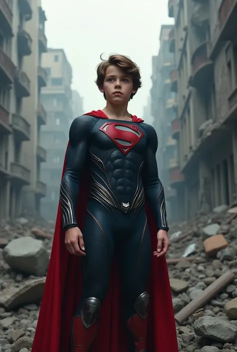 A brown-haired white boy with the power of Supermen in black background destroyed city, ultra high definition, realistic, 4k, wearing a superman suit