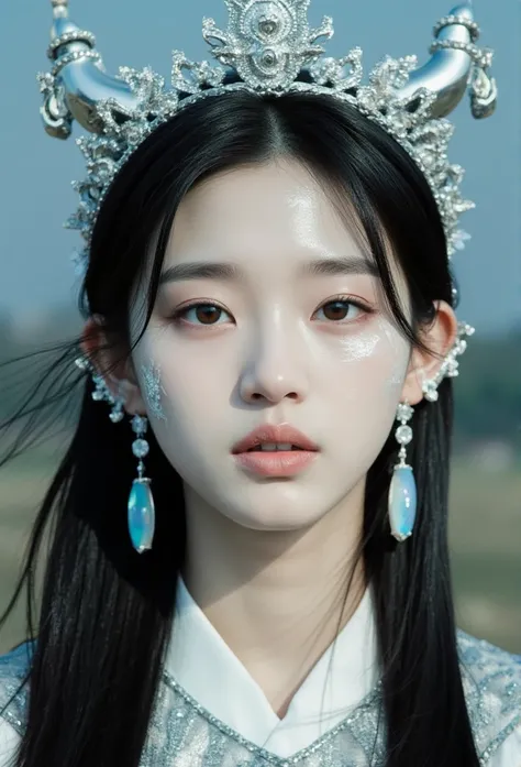 Korean young woman, with horns crown, shinny crown, extremely white skin, silver blush, silver makeup, long diamond earrings, white lipstick, light-brown eyes, long straight hair, black shinny hair, long eyelash, silver eyelash, wet makeup, glossy makeup, ...