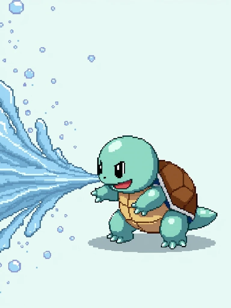 Create a detailed pixel art of the Pokémon Squirtle blasting out a water jet 