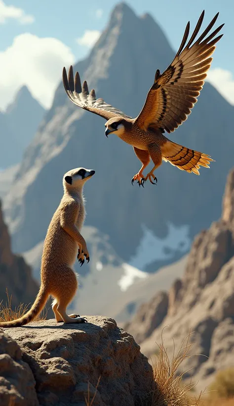 Great falcon next to a large meerkat on a mountain 