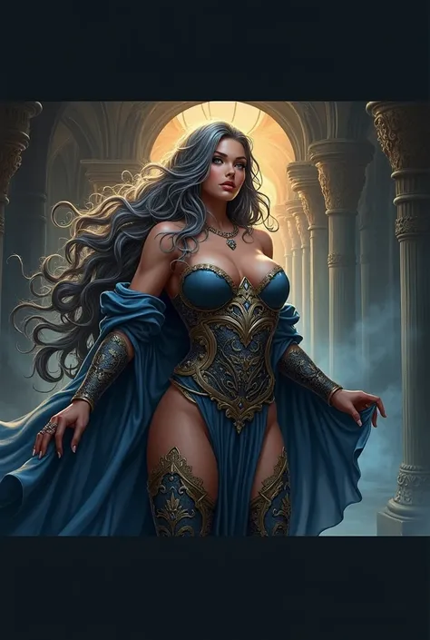 This is a highly detailed digital illustration in a fantasy style. The central figure is a fitness woman with a curvaceous physique and ample breasts, standing confidently in a regal pose. She has long and voluminous curly, dark silver-gold hair cascading ...