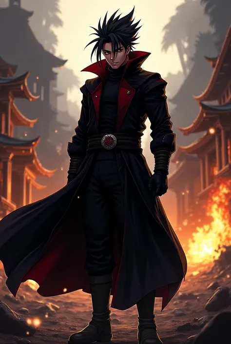 (masterpiece,Highest quality), Terry Bogard, The King of Fighters, ( Best Quality , ),Uchiha style man,  straight spiked hair reaching shoulder height, all black coat with a ninja style, black gloves, red stripe,  anime style ,  full body , circumstantial....