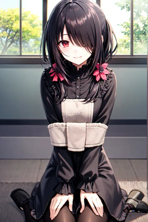 1 Girl,  unique , Kneel down,  constellation, 
cckurumi,  long hair, Low double ponytail, Hair Flower,  cover the hair of one eye, Hairpin, Gothic,  black dress, ribbon, pantyhose, 
slippers, 
Sitting,  Smile,  watching the audience, 
Lean forward, 
Indoor...