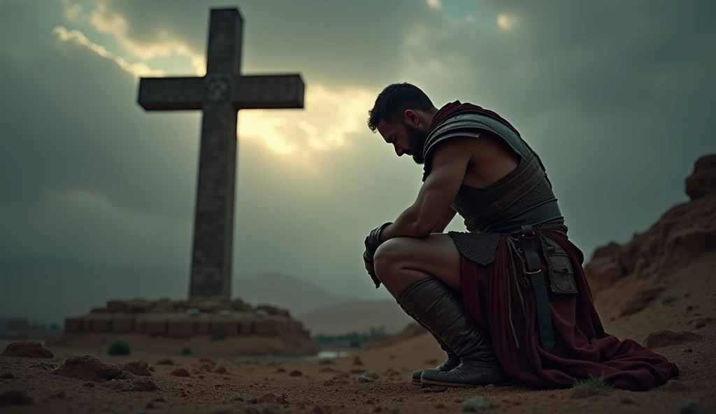 Create a scene of a Roman soldier kneeling, with tears in his eyes and looking at the cross in the background. 16:9 aspect ratio, cinematic suspense.