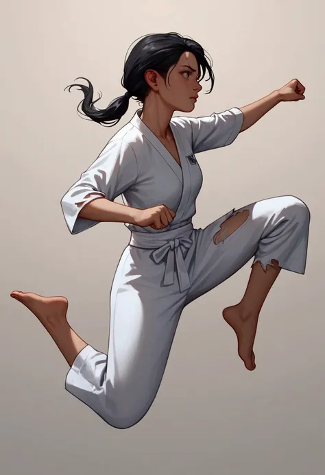 score_9, score_8_up, score_7_up, score_6_up, score_5_up, score_4_up,  Masterpiece,ultra detailed,best quality,Girl, black hair, low ponytail hair, karate uniform , ((torn clothes, ,fabric flying off, simple white underwear)), pained face, blown away, the s...