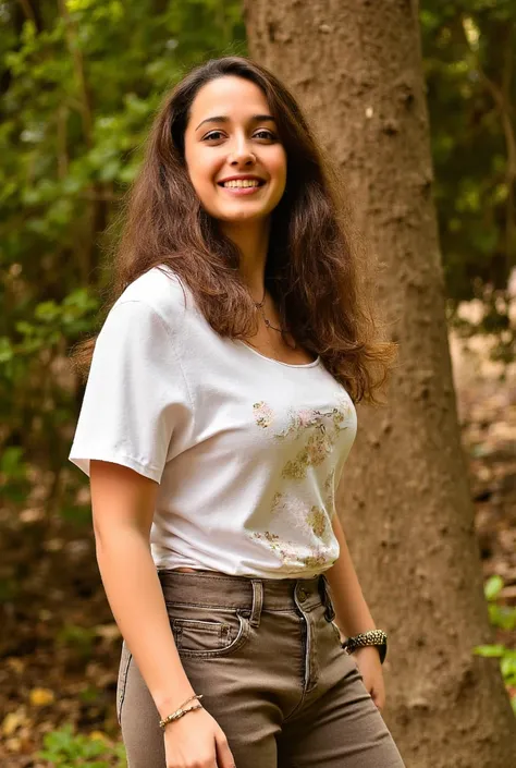 Brunette slender bimbo in forrest wearing a brown jeans an d a white top, she has colossal breasts, in front of tree, cleavage, sexy woman, ((largest breasts in the world:1.7))