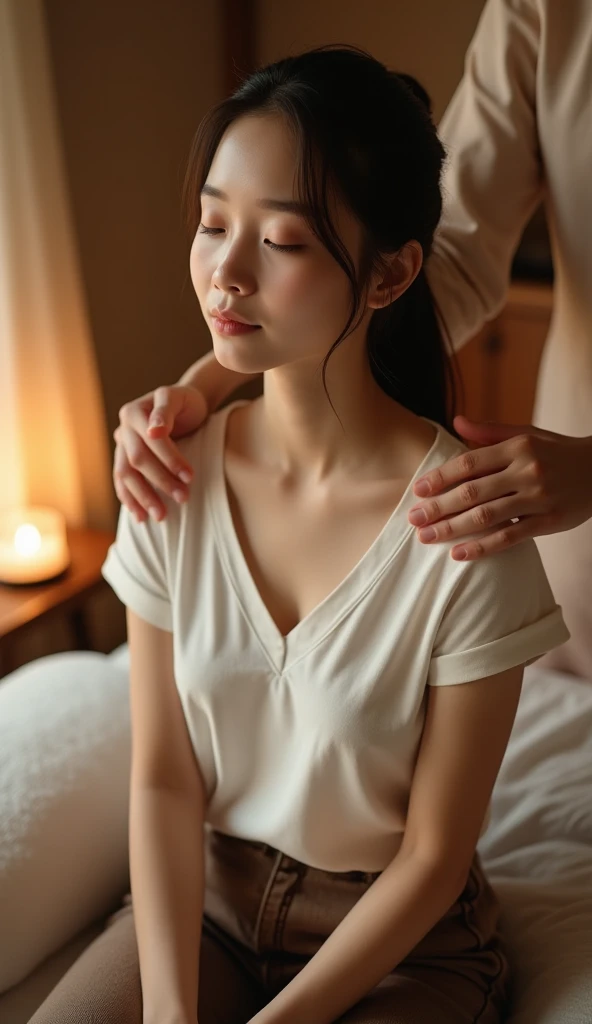 A cute Japanese woman who quietly faces forward and wears a white t-shirt and brown denim to get a massage by applying oil