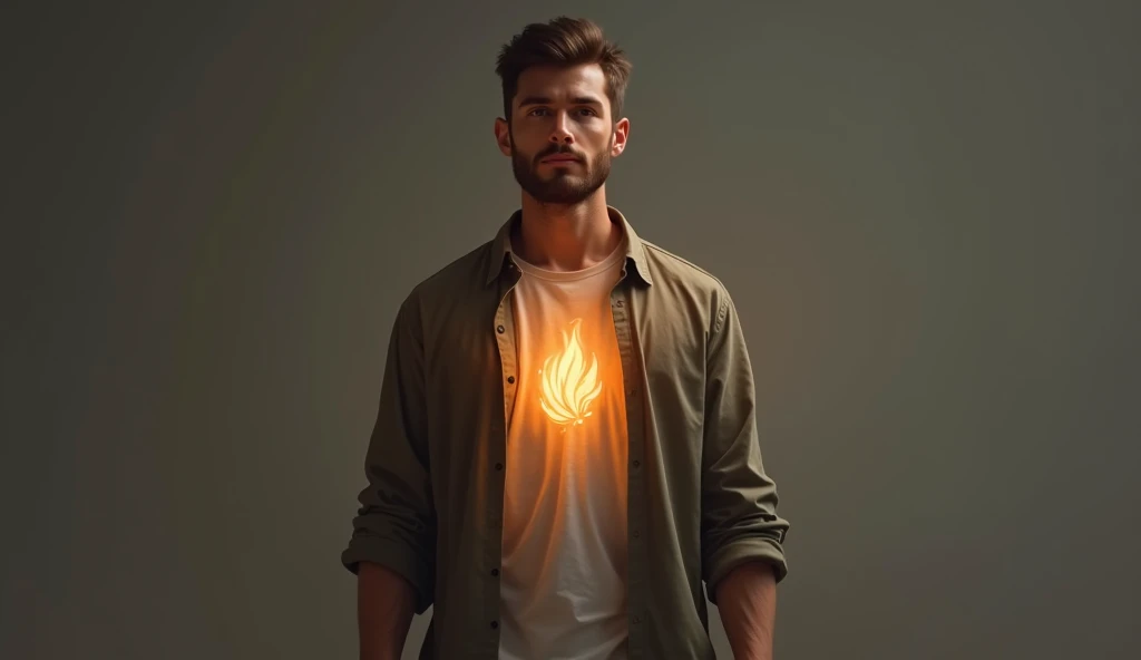 It creates a representation of a realistic male person dressed simply casually and who has a flame of fire inside the center of his chest,  that has a revival of the spirit , But the flame is subtle 