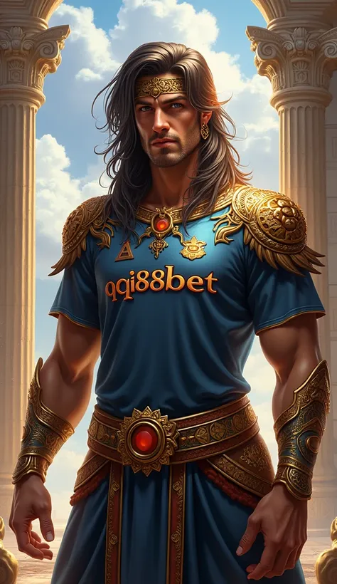 Make me a picture of the Olympus Gates slot game character wearing a shirt that says QQ88BET