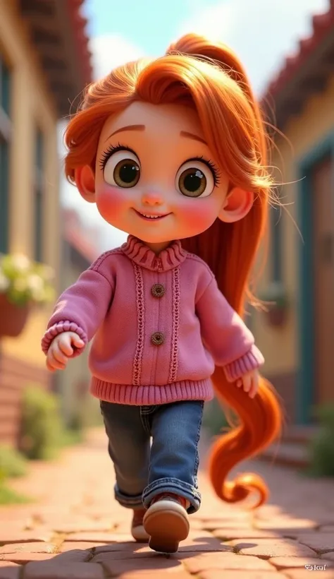 Disney Pixar style character Rapunzel baby with red hair and with a ponytail that is standing up to move her walking and that she is looking in the front and wearing a pink sweater and denim pants