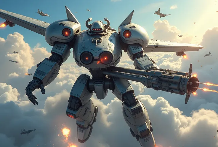 A giant robot transformed from an airship is engaged in an aerial battle. The robots body is formed from the airships envelope, with the head and arms extending from it. The envelope is made of lightweight alloy, with smooth, beautiful curves, and the surf...